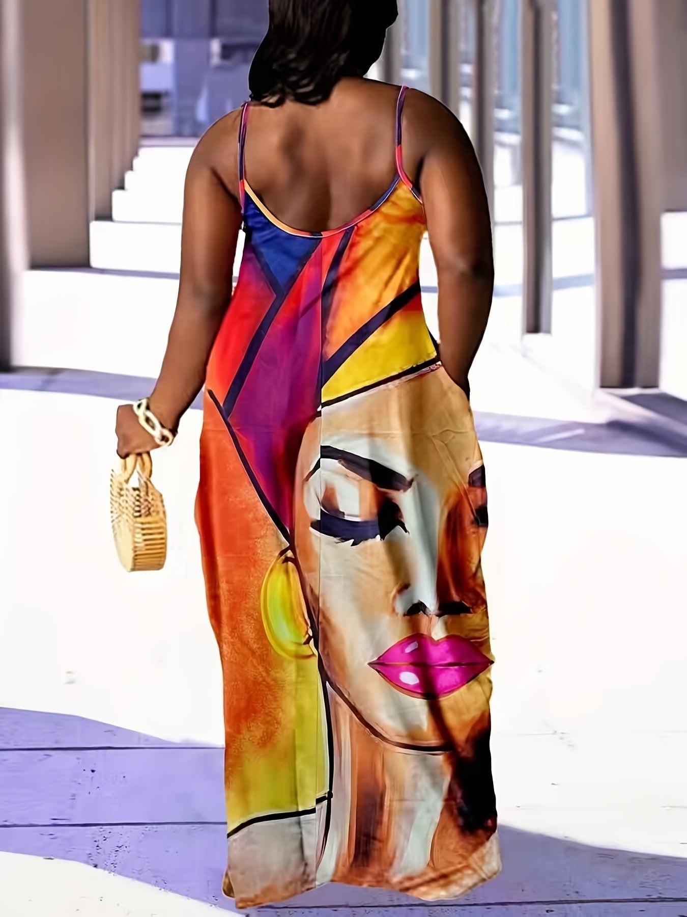 VAKKV  Figure Print Dress, Sexy Spaghetti Strap Backless Maxi Dress, Women's Clothing