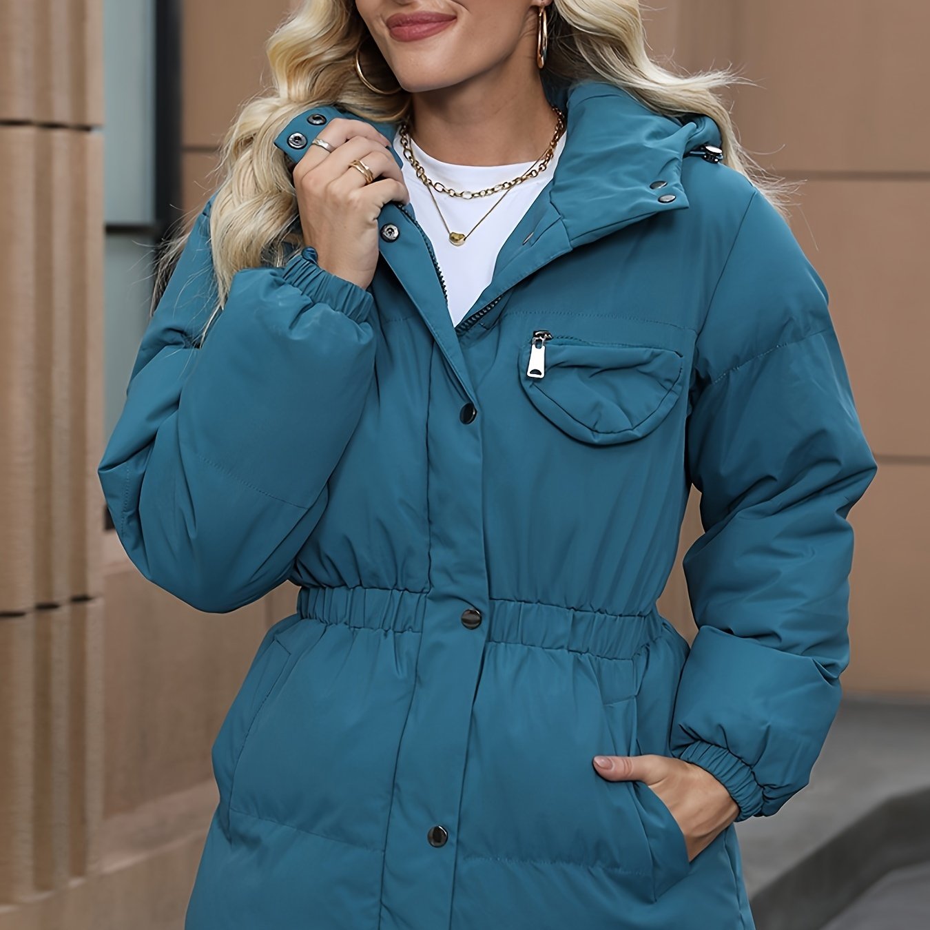 Solid Color Button & Zipper Front Hooded Down Coat, Long Sleeve Elastic Waist Belted Puffy Coat For Winter, Women's Clothing