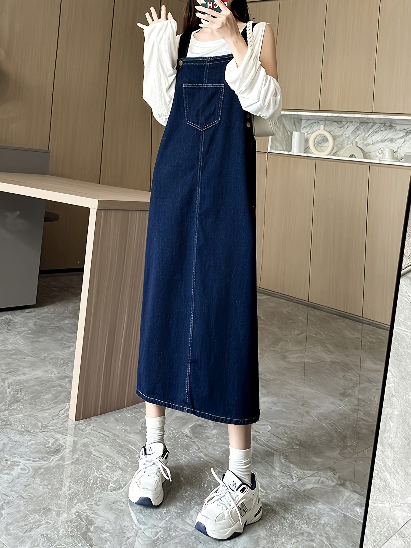 Womens Denim Overall Dress - Relaxed Fit Casual Style, Sleeveless Design, Functional Front Pocket, Versatile Jean Skirt for Perfect Daily Casual Occasions, Ideal for Everyday Wear, Outdoor Activities, and Social Gatherings