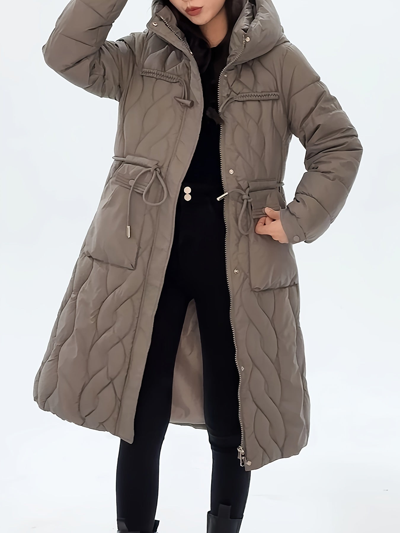 Women's Casual Winter Coat - Mid-Length, Long Sleeve, Zip-Up with Pockets, Polyester, Machine Washable