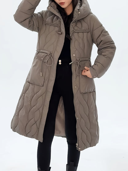 Women's Casual Winter Coat - Mid-Length, Long Sleeve, Zip-Up with Pockets, Polyester, Machine Washable