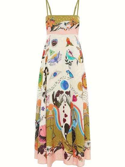 VAKKV  Trendy Graffiti Print Spaghetti Strap Dress - Flattering High-Waist, Sleeveless Style - Perfect for Spring & Summer - A Must-Have Womens Clothing Essential