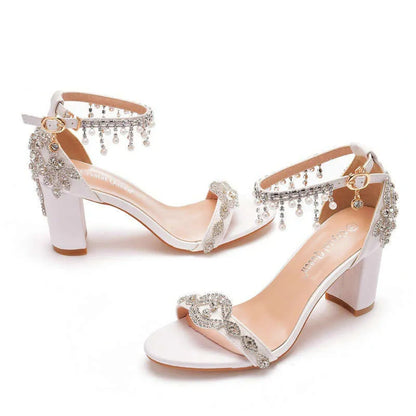 Summer 7Cm Thick Heel Shallow Mouth One Line With Beaded Sandals White Rhinester Tassel Bridal Wedding Shoes Kq8