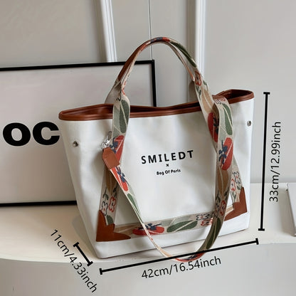 Simple And Spacious Canvas Shoulder Tote Bag, Letter Print, Simple And Stylish, Large Capacity - Perfect For Commute