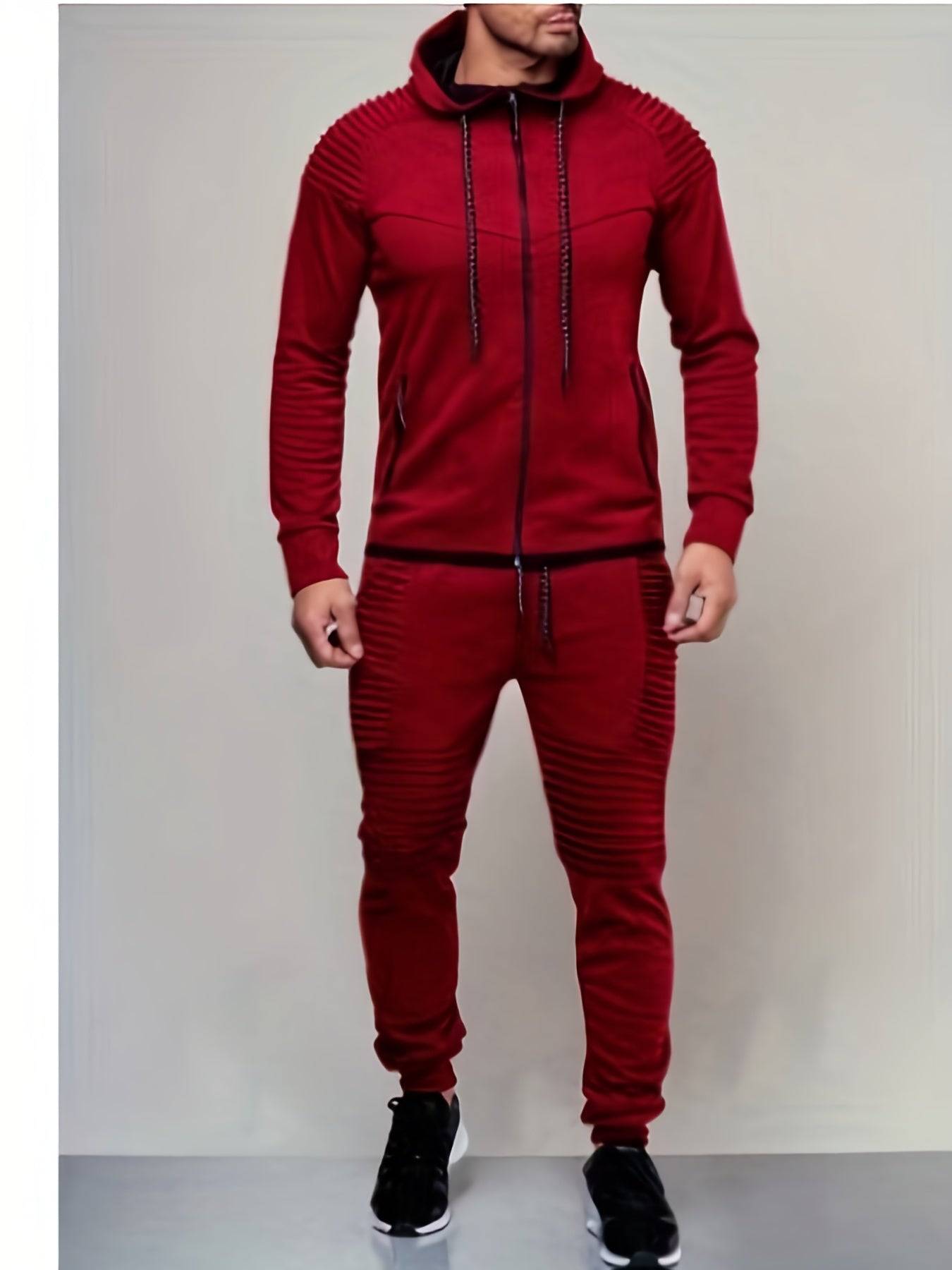 2PCS Mens Casual Sweatsuits - Solid Color Long Sleeve Hoodie with Zip Pockets and Relaxed Fit Straps Pants for Everyday Wear - Comfortable and Stylish Loungewear Set