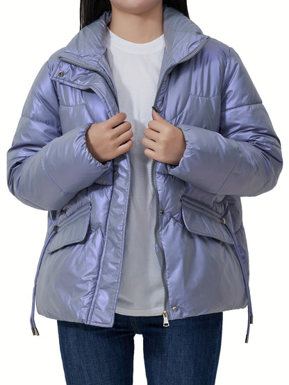 Solid Color Puffer Jacket For Women, Fashion Thickened Warm Stand Collar Jacket For Winter Outdoor, Women's Clothing