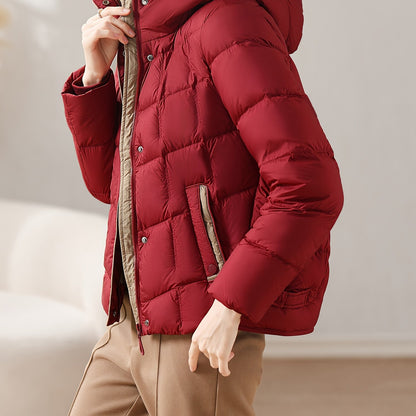 Winter New Arrival: Women's Puffer Jacket with Hood - Duck Down Filling, Polyester Fabric, Regular Fit, Long Sleeves, Zipper Closure, No Belt, Suitable for Fall/Winter Seasons