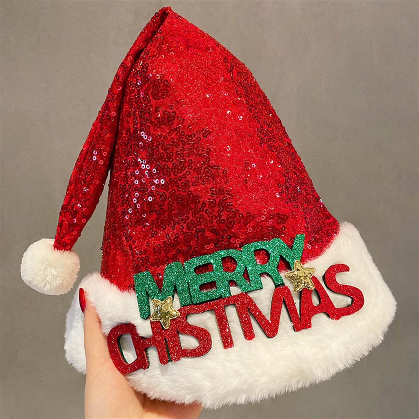 [1pc Sequin Santa Hat] Christmas Reindeer Antler Santa Hat, Polyester Knit, Inelastic, with Sequin Detail, for Festive Holiday Headwear