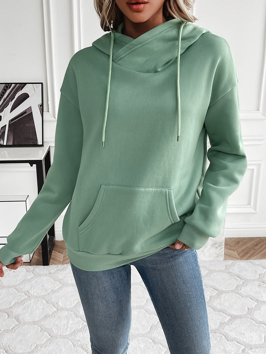 Womens Chic Solid Drawstring Hoodie Sweatshirt - Adjustable Hood, Cozy Pocket, Long Sleeves - Trendy Casual Wear for Comfort and Style