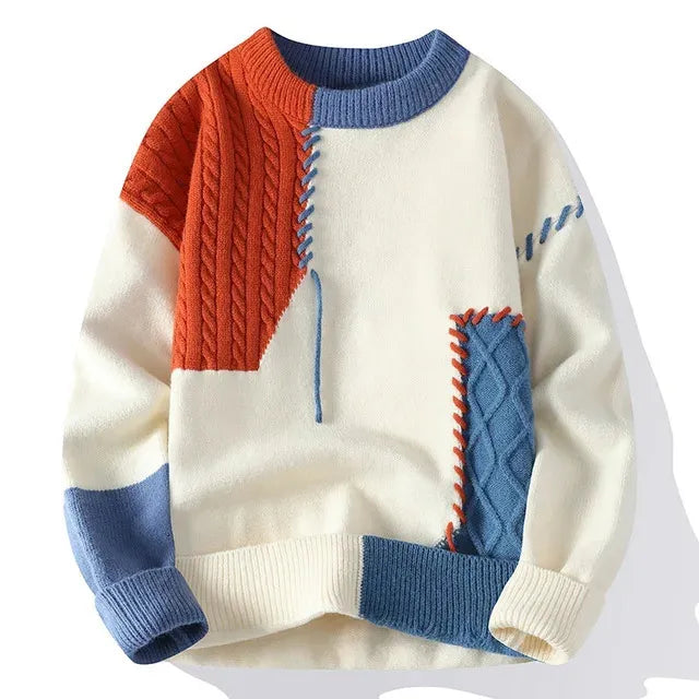 Man Panelled Contrast O-neck Sweater Autumn Winter Vintage Loose Long Sleeves Knitted Pullover Fashion Casual Male Jumper 240111