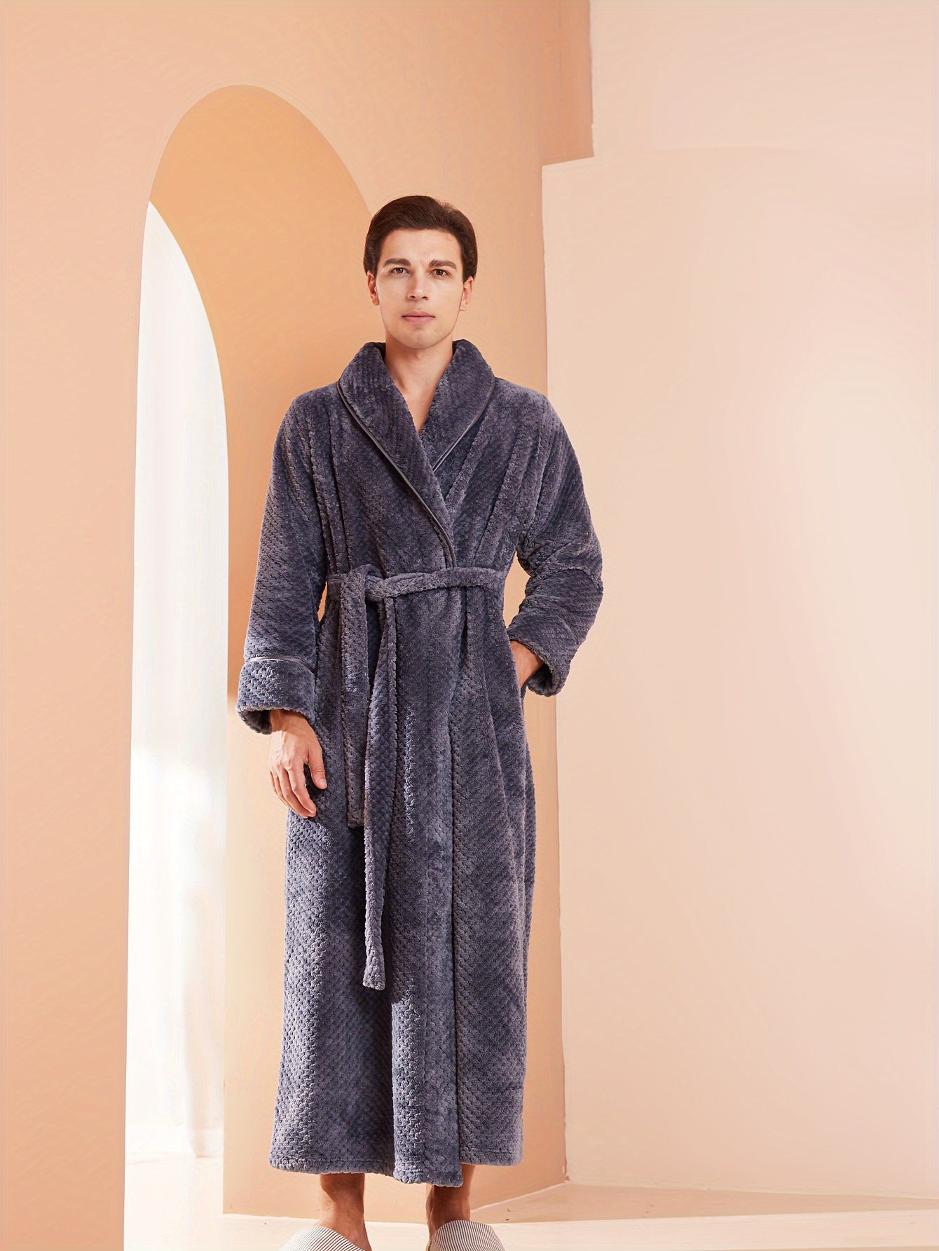 Cozy Thick Flannel Robe for Men & Women - Extra Long, Fixed Belt, V-Neck, Soft & Warm for Fall/Winter - Machine Washable, Solid Colors, Polyester