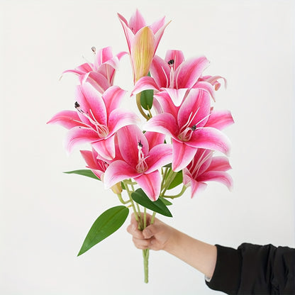 12-Head Long Stem Artificial Stargazer Lily Bouquet - Vibrant Faux Tiger Lilies for Wedding, Engagement, Home Decor, and Holiday Celebrations - Realistic Plastic Flowers for Tabletop Decoration, No Container