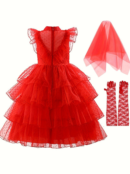 3-Piece Girls' Flaming Red Dress Up Set: Mesh Flutter Sleeve Tutu Layered Dress, Gloves & Veil for Halloween Party & Performance