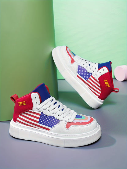 Men's Non Slip High Top Skate Shoes, American Flag Style Trendy Casual Sneakers For Autumn And Winter - Outdoor Street Walking Traveling