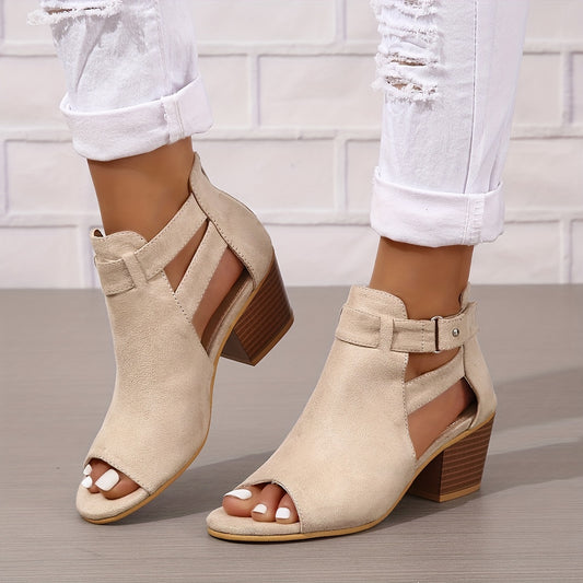 Chic Retro Peep Toe Sandals - Solid Color Cut-out Style with Comfortable Chunky Heel, Adjustable Back Zipper for Easy Wear - Durable Low Stacked Heels for All-Day Chic