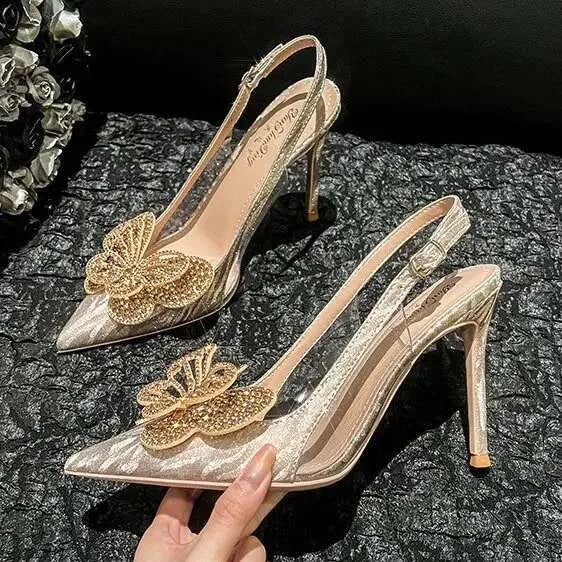 New High Heels Pointy Crystal Butterfly Wedding Shoes French Fashion Pumps Bridesmaid Sandals Kq8