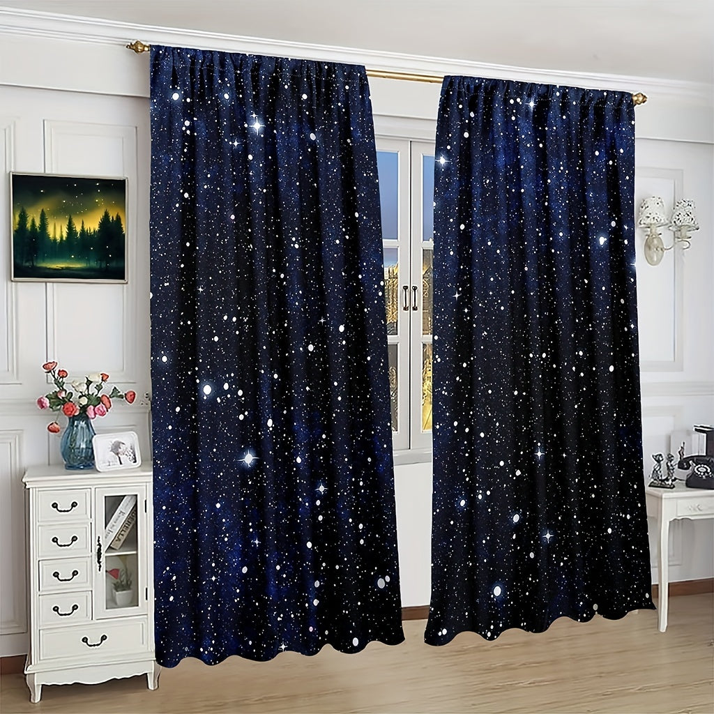 2pcs Galaxy Shining Stars Curtains, Rod Pocket Outer Space Starry Sky Star Printed Curtains, Window Drapes For Living Room Kitchen Bedroom Home Decor