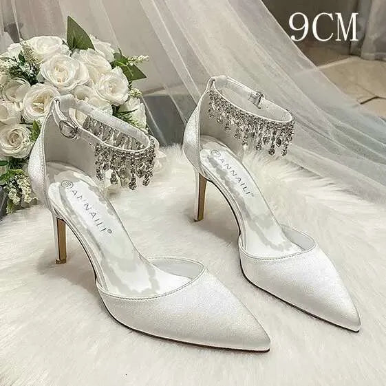 White Wedding Heels Women's Stiletto Bridal With Rhinestone Chain Pointed Toe Sandal Bridesmaid Shoes Kq8