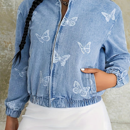 Women's Casual Style Denim Jacket with Zipper Closure, Light Blue with White Butterfly Print, Fashionable Jean Top for Everyday Wear