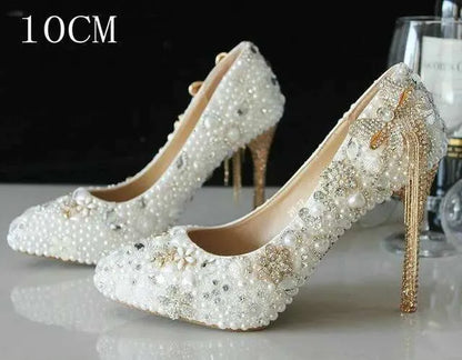 New Crystal Pumps Wedding Bride Pearl Rhine-Drill Sticky Drill Shoes White Pointed Fair High Heels Kq8