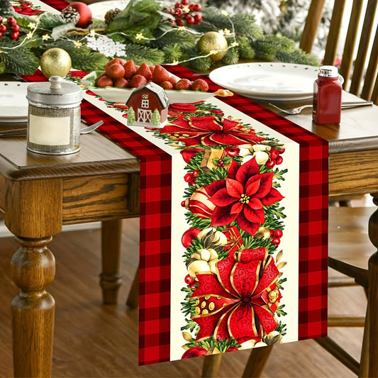 Festive Christmas Table Runner: 1PC Polyester Table Runner with Christmas Floral and Gift Elements, Perfect for Winter Holidays and Family Gatherings