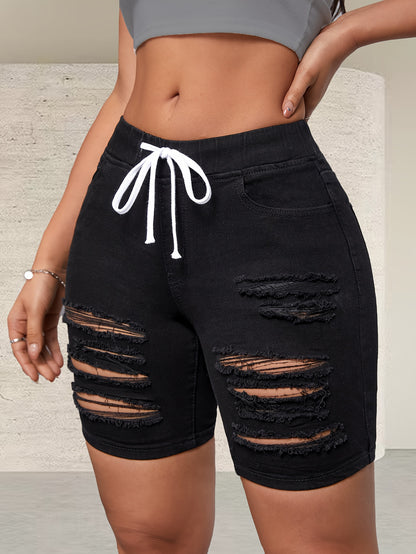 Womens Chic Black Ripped Denim Bermuda Shorts - Adjustable Drawstring, Pockets, Mid-Thigh Length, Perfect for Casual Summer Styling