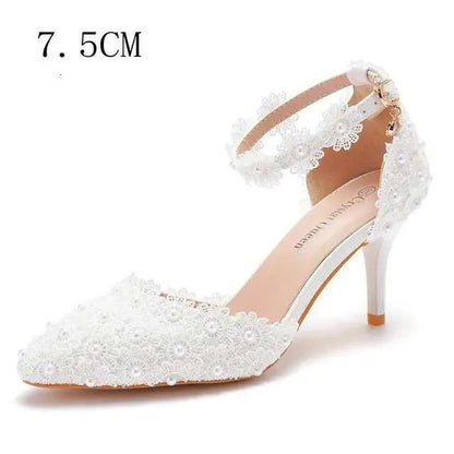 9Cm White Lace Wedding One Word Buckle Strap Thin Heels Pointed Toe Bride Female Sandals Bridesmaid Shoes Kq8