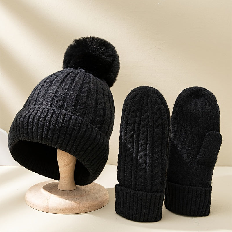 2pcs Winter Gloves Beanie Set Black Rhombus Ribbed Knit Hats Beanie With Pom Elastic Warm Coldproof Mittens For Women Daily Use Outdoor