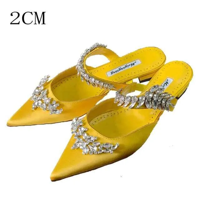 Crystal Slipper Mueller Shallow Mouth Pointed Silk Rhine-Drill High White Slender Heels Wedding Shoes Kq8