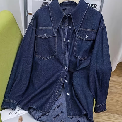 Fashionable Womens Denim Shirt - Chic Button-Down Lapel Collar, Relaxed Loose Fit, Trendy Street Style with Practical Flap Pockets - Premium Long Sleeve Denim Tops for Casual Wear