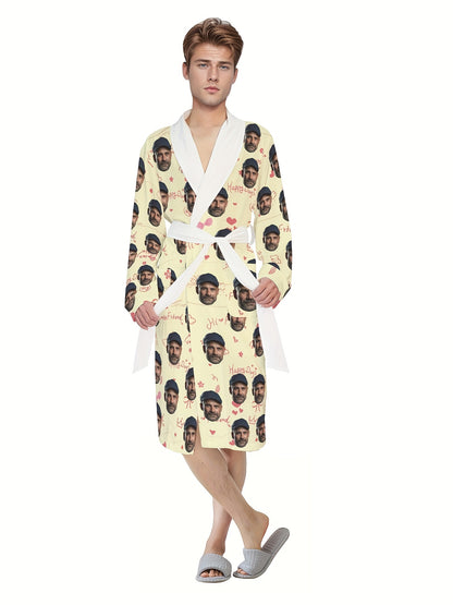 Custom Cute Heart Print Long Sleeve Bathrobe, Men's Mid-Length Sleepwear With Belt, Casual Shawl Collar Home Wear, All-Season