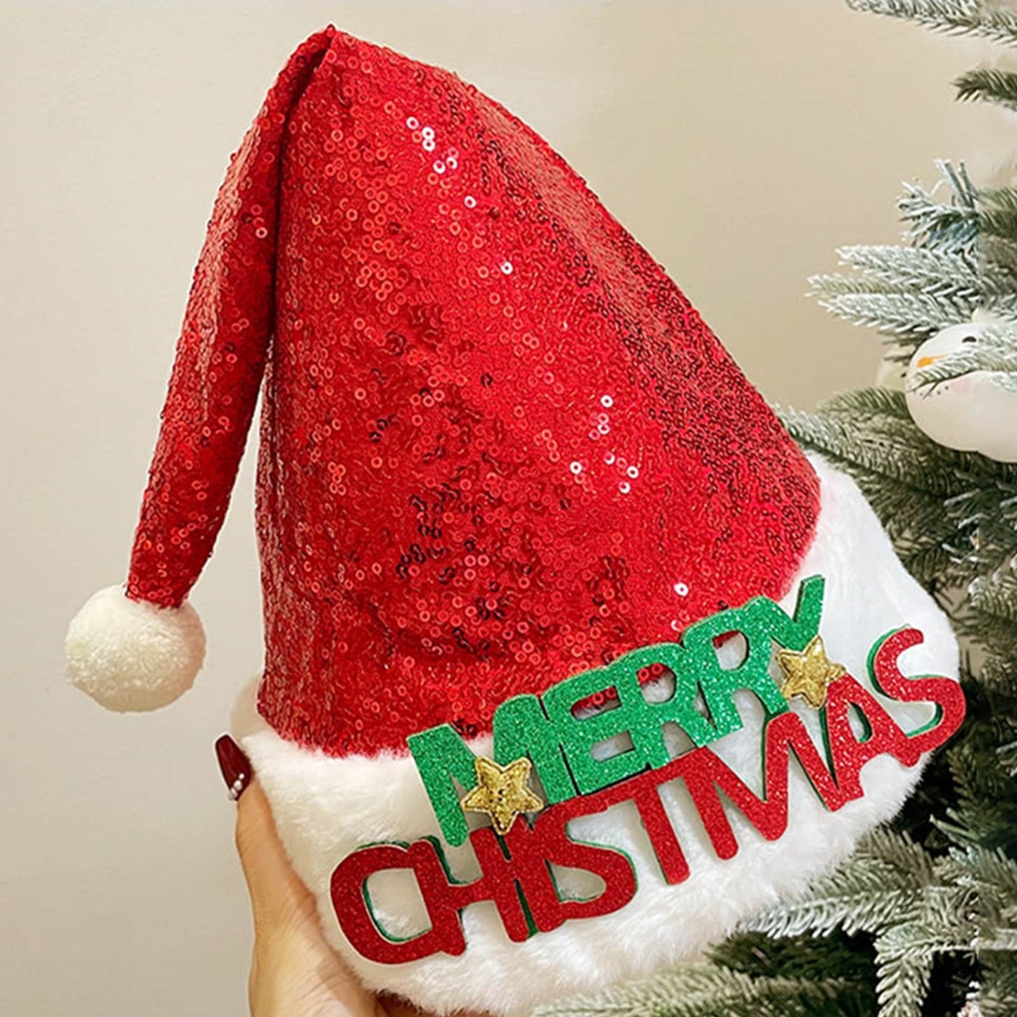 [1pc Sequin Santa Hat] Christmas Reindeer Antler Santa Hat, Polyester Knit, Inelastic, with Sequin Detail, for Festive Holiday Headwear