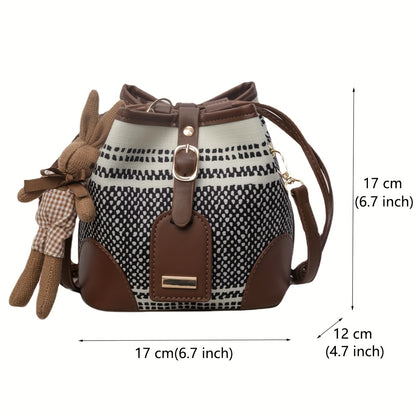 Fashion Bucket Handbag For Women Contrast Color Canvas Crossbody Shoulder Bag With Cute Pendant Casual Messenger Bag