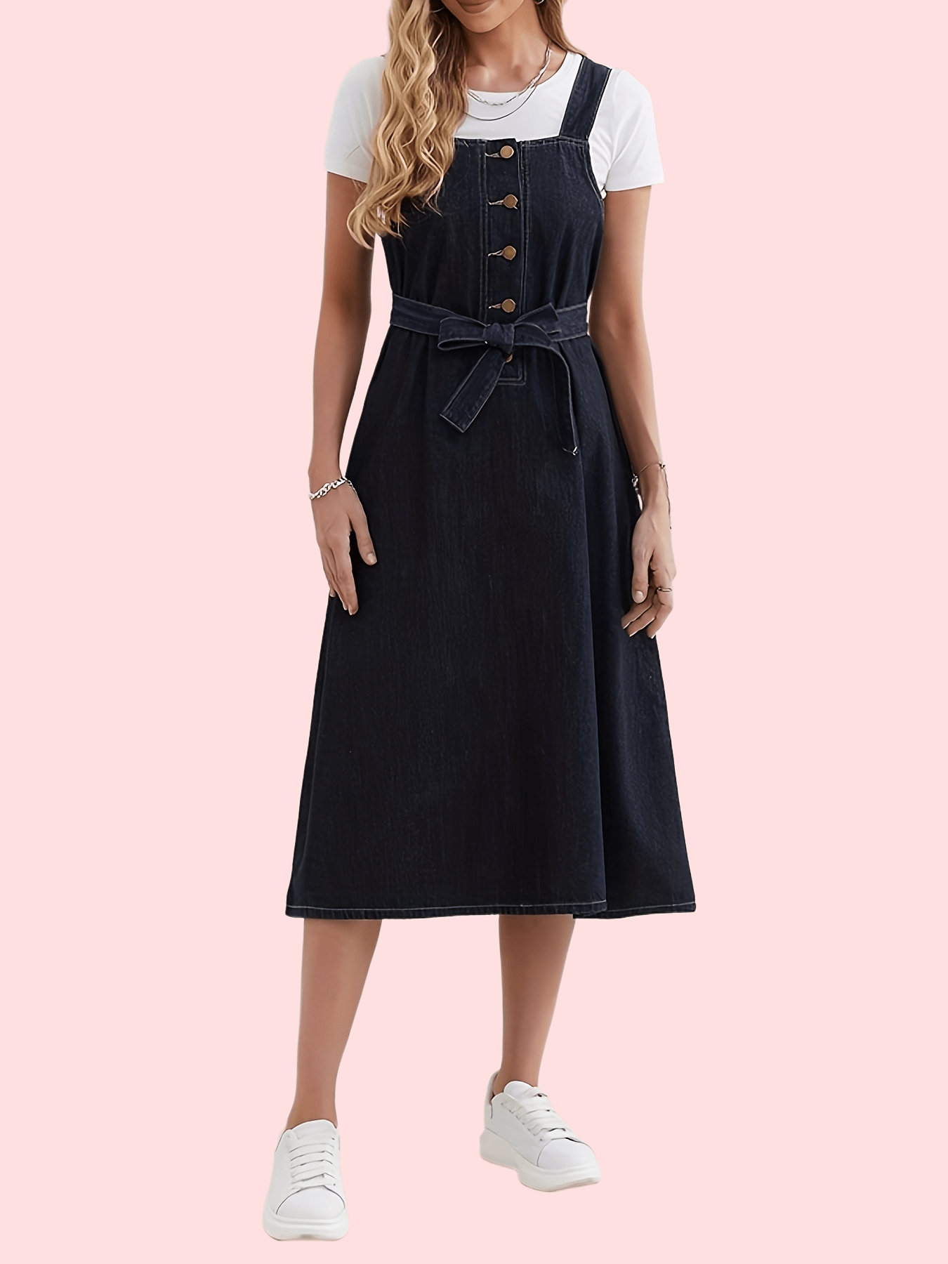 Chic Single Breasted Denim Overall Dress - Fashionable Button Detail, Non-Stretch Comfort, Adjustable Waistband - Premium Womens Denim Clothing