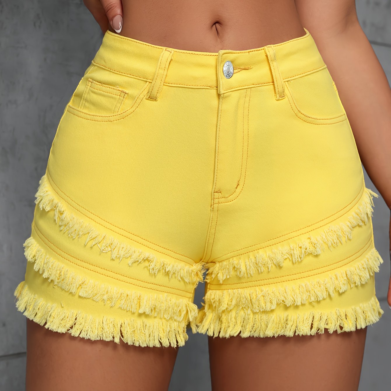 Womens High Stretch Yellow Solid Color Frayed Hem Denim Shorts - Elegant Fashionable Summer Shorts with Button Closure, Casual Chic Streetwear Style - Perfect for Spring and Summer Seasons