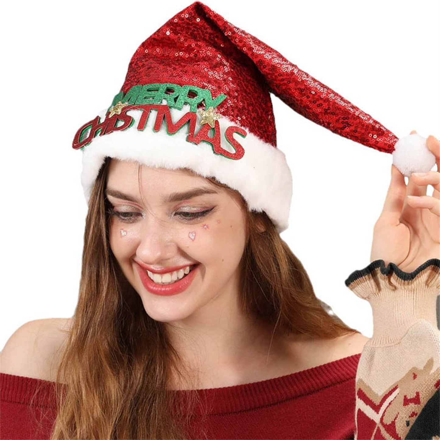 [1pc Sequin Santa Hat] Christmas Reindeer Antler Santa Hat, Polyester Knit, Inelastic, with Sequin Detail, for Festive Holiday Headwear