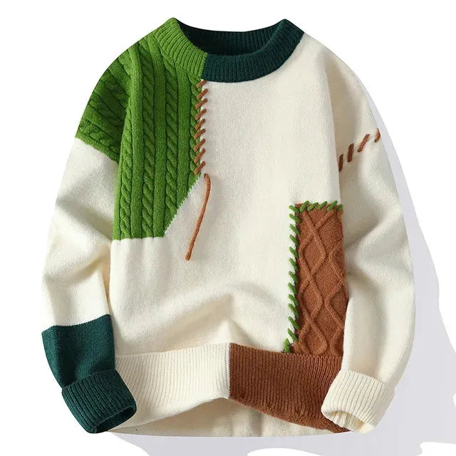 Man Panelled Contrast O-neck Sweater Autumn Winter Vintage Loose Long Sleeves Knitted Pullover Fashion Casual Male Jumper 240111