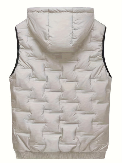 Mens Solid Color Hooded Sleeveless Down Vest Jacket - Water-Resistant Polyester Outerwear with Zipper Closure, Zipped Pockets, and Regular Fit for Spring and Fall Seasons