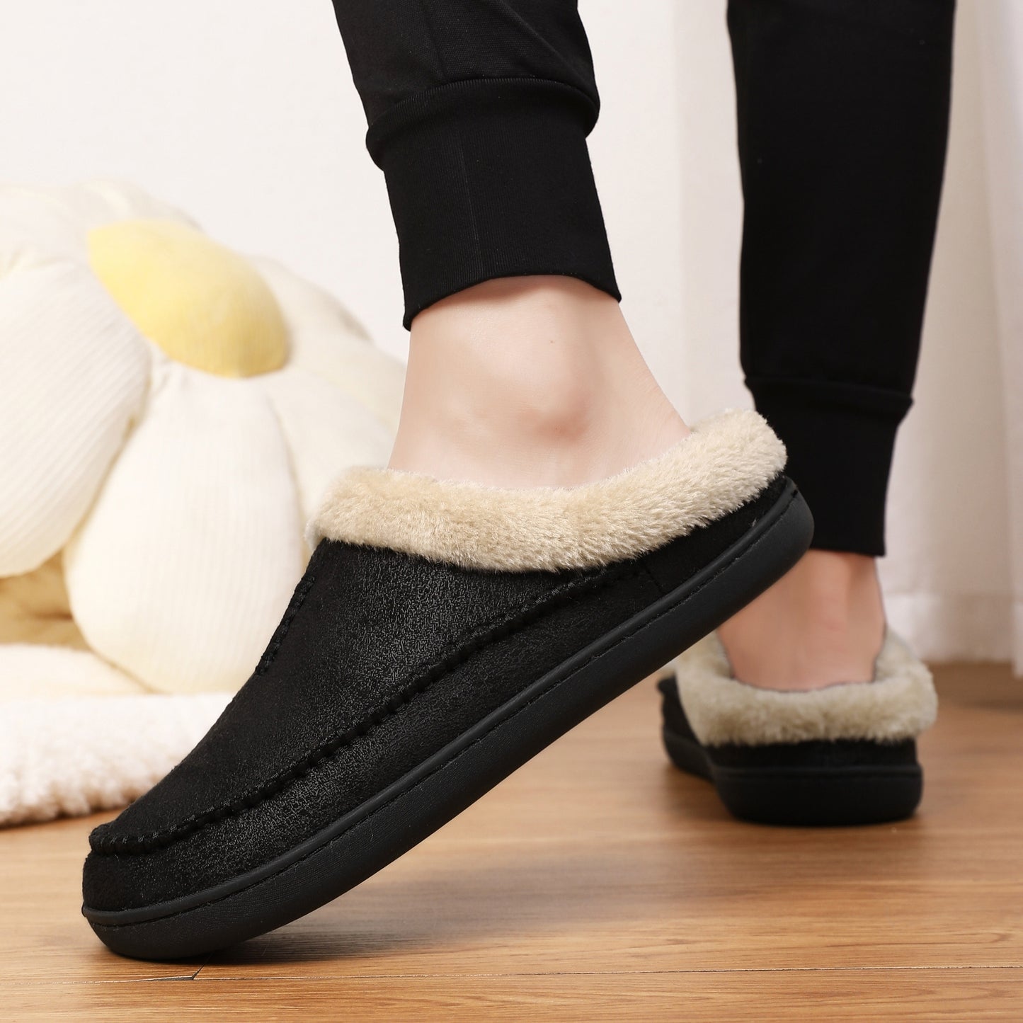 Plus Size Men's Warm Cozy Slides, Comfortable Fuzzy Soft Slippers, Plush Comfy Non-slip Home Shoes For Indoor Outdoor Bedroom, Winter