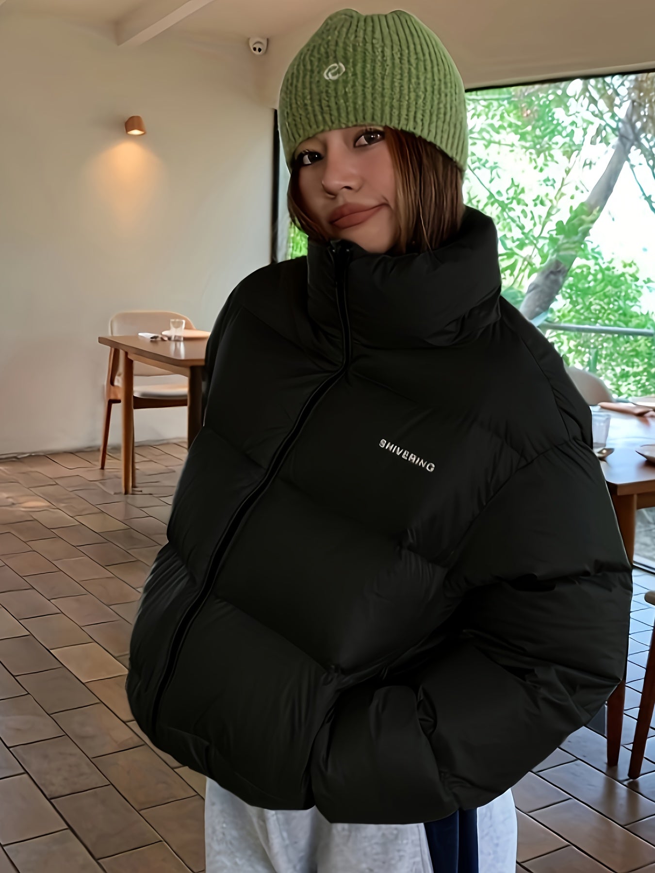 Letter Pattern Down Jacket, Thickened Stand Collar Warm Puffer Jacket, Women's Activewear