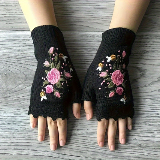 Vintage-Inspired Embroidered Floral Knit Gloves with Lace Trim - Touchscreen Compatible, Warm Half Finger Design for Women, Perfect for Fall & Winter