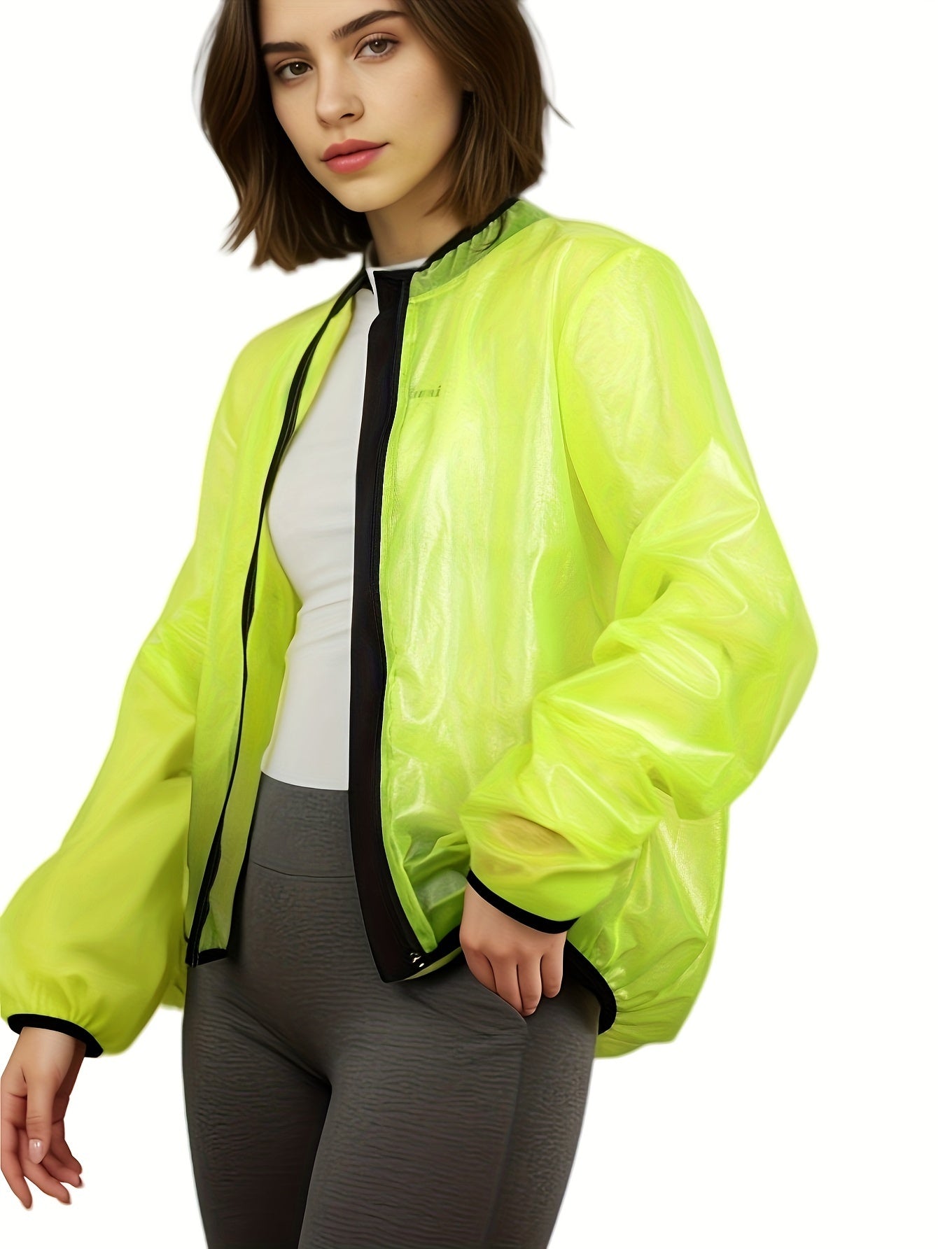 Women's Lightweight Windproof Quick-Dry Breathable Cycling Rain Jacket, Sporty Style, Transparent with Reflective Elements, Outdoor Activewear