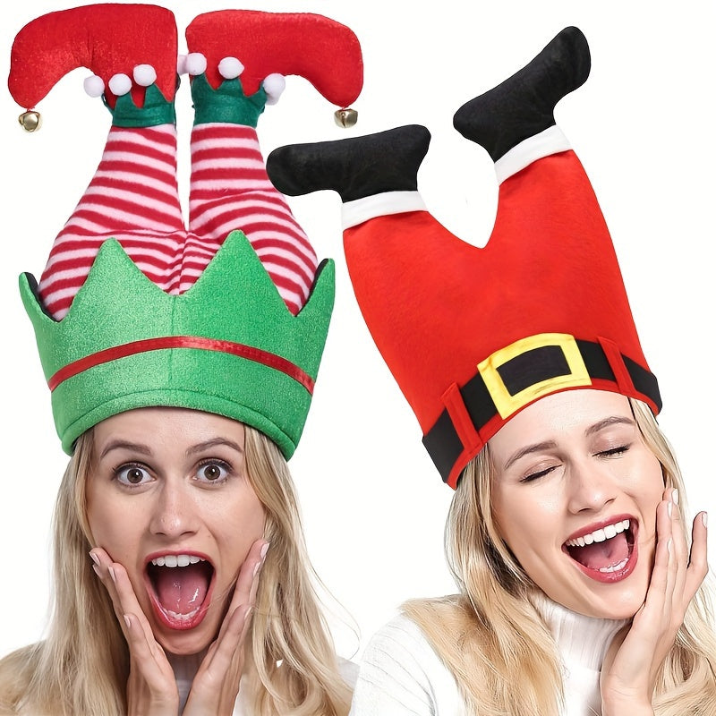 Vibrant Red Christmas Beanie Party Hats - Humorous Elf Pants Santa Hat Design for Festive Celebrations and Quirky Ugly Sweater Parties