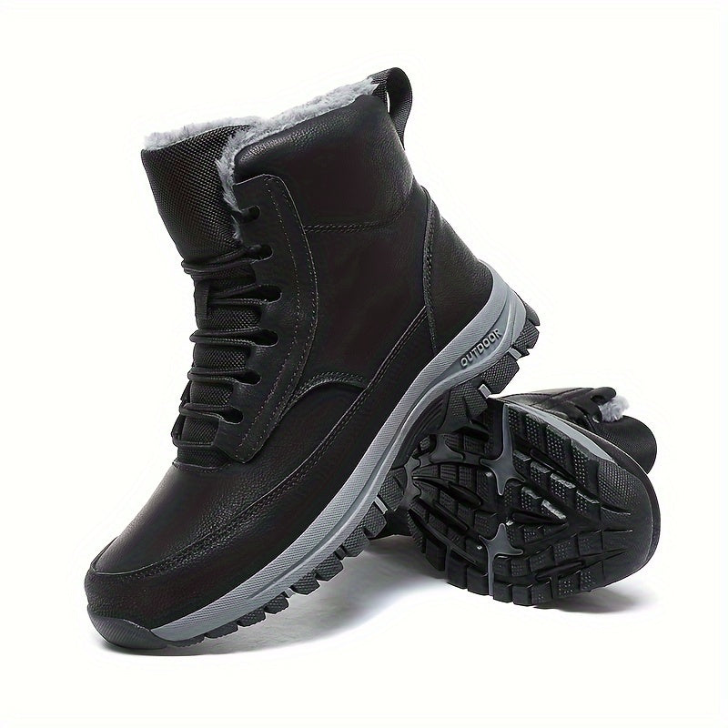 Men's Trendy Solid High Top Hiking Boots, Comfy Non Slip Casual Thermal Shoes, Winter & Autumn