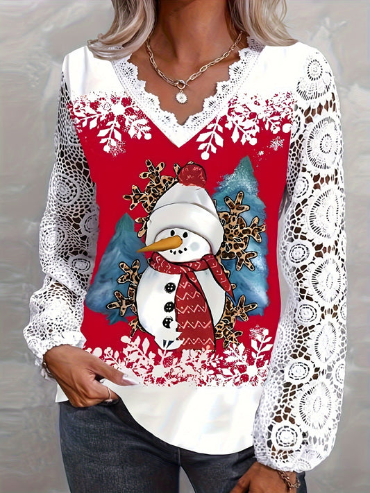 Elegant Christmas Lace-Trim V-Neck Top with Snowman Print - Long Sleeve, Machine Washable - Perfect for Spring & Fall