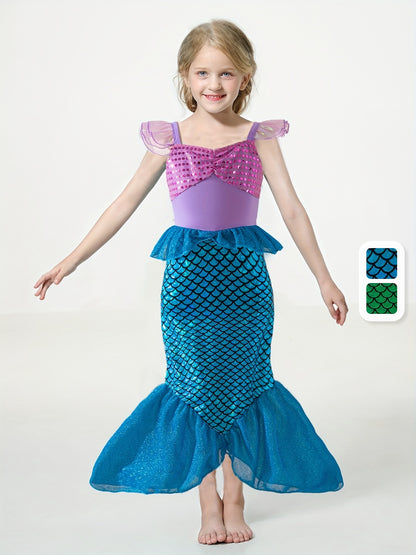 Girls Cartoon Mermaid Princess Dress Up Clothing, Flutter Sleeve Sequin Decor Peplum Mermaid Tail Dress For Pool Party