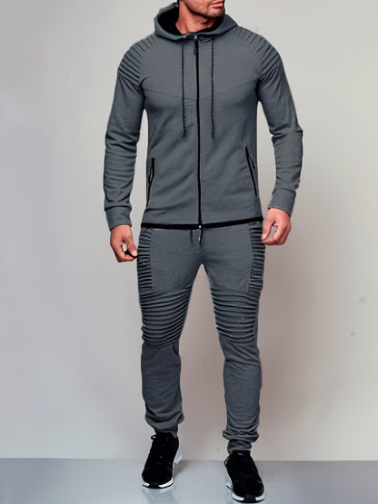 2PCS Mens Casual Sweatsuits - Solid Color Long Sleeve Hoodie with Zip Pockets and Relaxed Fit Straps Pants for Everyday Wear - Comfortable and Stylish Loungewear Set