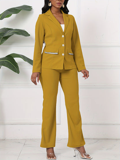 Womens Elegant Long Sleeve Lapel Collar Blazer & Fitted Pants Set - Solid Color, Mid Elasticity, Polyester Fabric, Button Detail, Middle East Style - Perfect for Work & Office Occasions