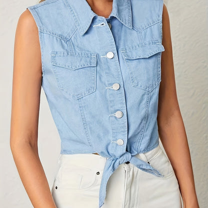 Chic Denim Sleeveless Tie-Front Shirt with Flap Pockets - Elegant & Stylish Summer Top for Casual Days