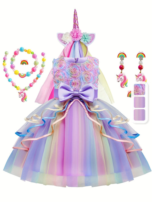 7pcs Girls Unicorn Costume, Rainbow Princess Dress, Toddler Unicorn Birthday Party Dress, Halloween Kids Cosplay, Fairy Tales Dress Up, With Headband Necklace Ring Ear Clip Jewelry Set